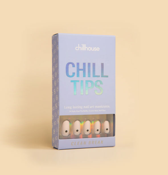 Light purple box of Chillhouse Chill Tips press-on nails in the style Clean Break, five of which are visible through a window in packaging