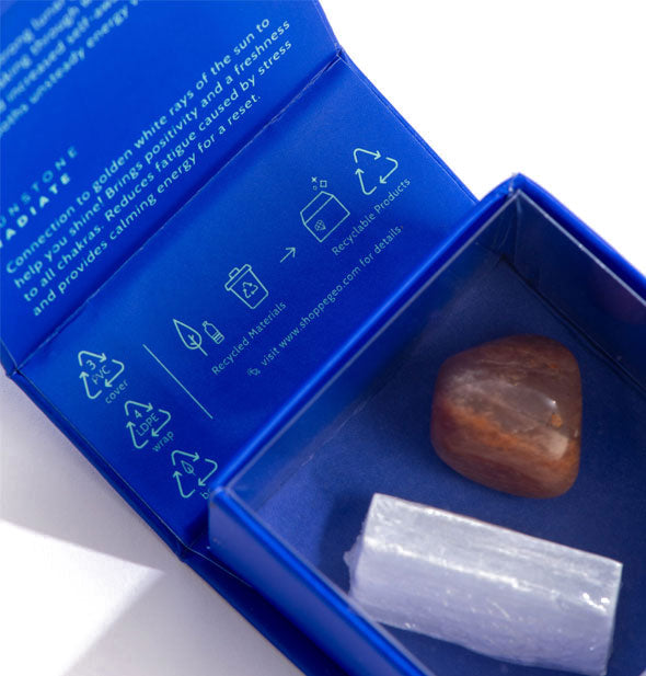 Crystal Magic Mini Energy Set box shown open to reveal printed infographics and stones inside