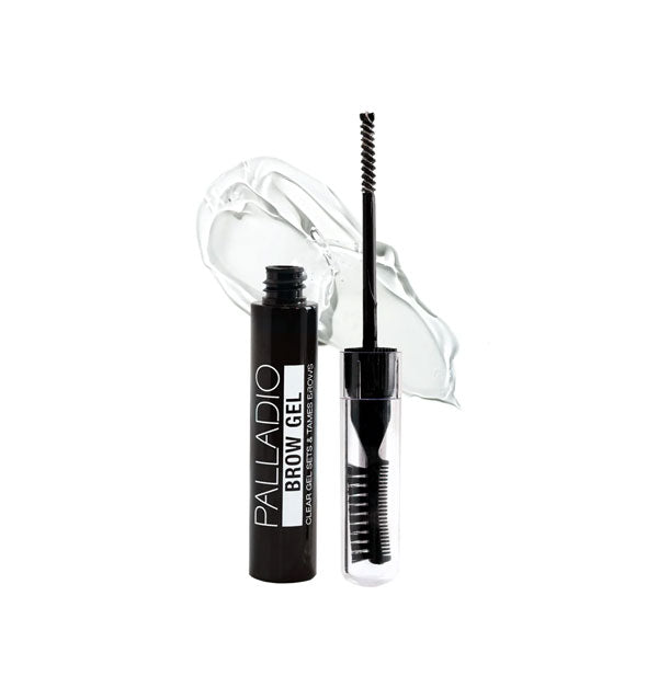 Palladio Brow Gel tube with double-ended applicator brush removed and clear product swatch behind