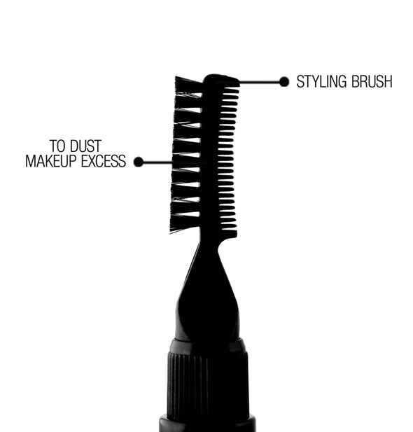 Double-sided applicator brush features dense bristles at left to dust makeup excess and a "styling brush" comb on the right to style