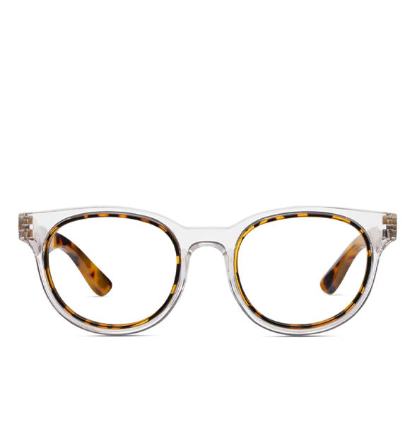 Front view of reading glasses with a clear front frame with tortoise inside rim and tortoise temple arms