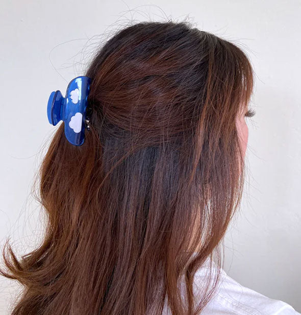 Model wears a blue and white clouds claw clip in a partially swept-back hairstyle