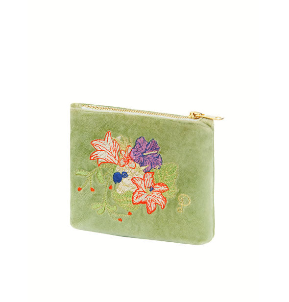 Rectangular green velvet zippered pouch features colorful embroidered design of a cockatoo surrounded by exotic flowers