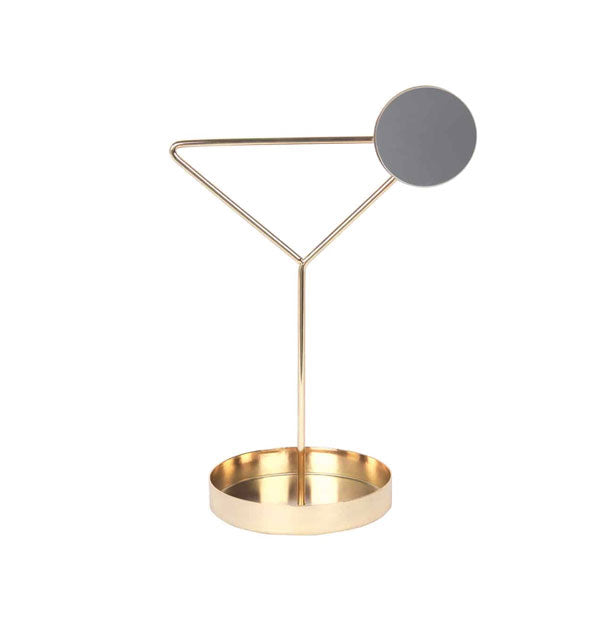 Gold martini glass-shaped jewelry holder with round bottom tray and small round mirror at top designed to look like garnish