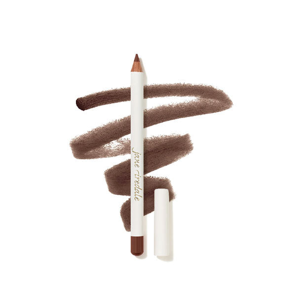 Jane Iredale Lip Pencil with cap removed and product sample drawing behind in the shade Cocoa