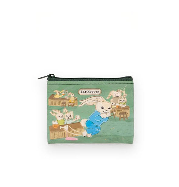 Change purse with dark green zipper features a cartoon design of a white rabbit bounding away from a bar at which other white rabbits are drinking and the label, "Bar Hopper"