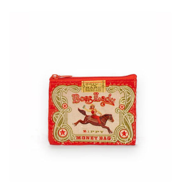 Rectangular pouch with Old West design theme and cowgirl riding bronco illustration says, "Boss Lady: Zippy Money Bag"