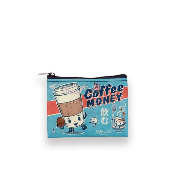 Blue pouch with orange stripe features kawaii-style artwork of animate coffee cup, saucer, sugar cube, and coffee bean with the words, "Coffee Money" printed in blue at tiop