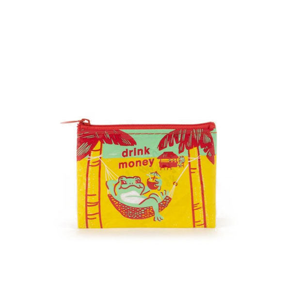 Small rectangular "Drink Money" coin purse with all-over illustration of a frog lolling in a hammock strung between two palm trees