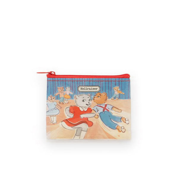 Coin purse with red zipper features illustration of cartoon cats dancing below the label, "Hellraiser"