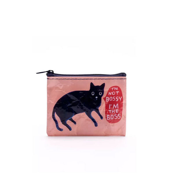 Rectangular pink zipper pouch features illustration of a black cat saying, "I'm not bossy I'm the boss"