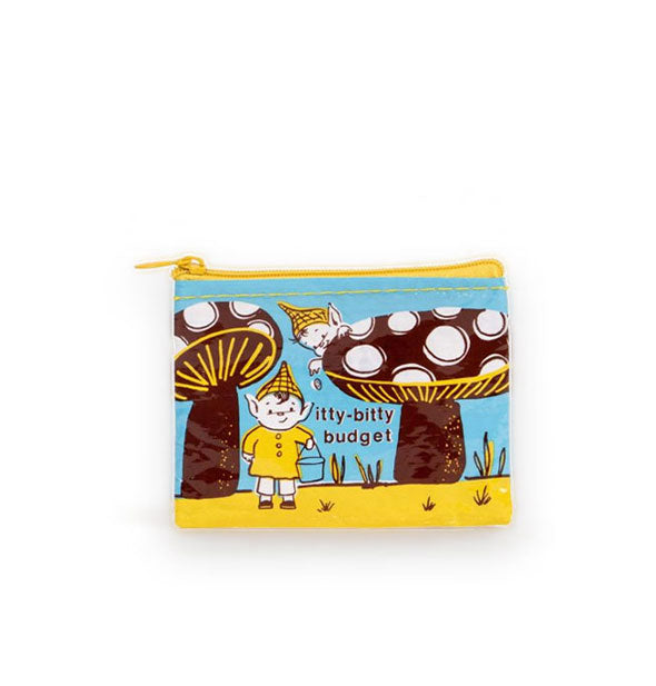 Rectangular pouch with elves and mushrooms illustration says, "Itty-bitty budget"