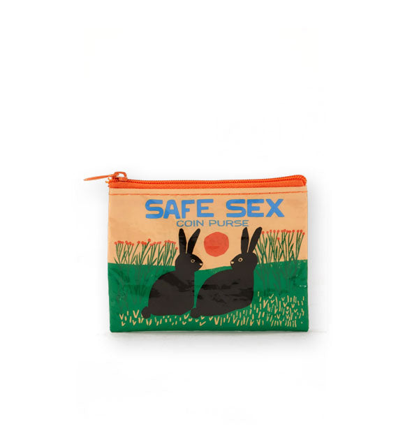 Rectangular change purse with orange zipper features illustrated outdoor scene with two black rabbits and the words, "Safe Sex Coin Purse" in blue lettering