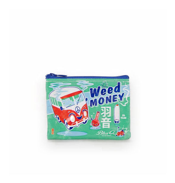 "Weed Money" coin purse with blue zipper features kawaii design with bus