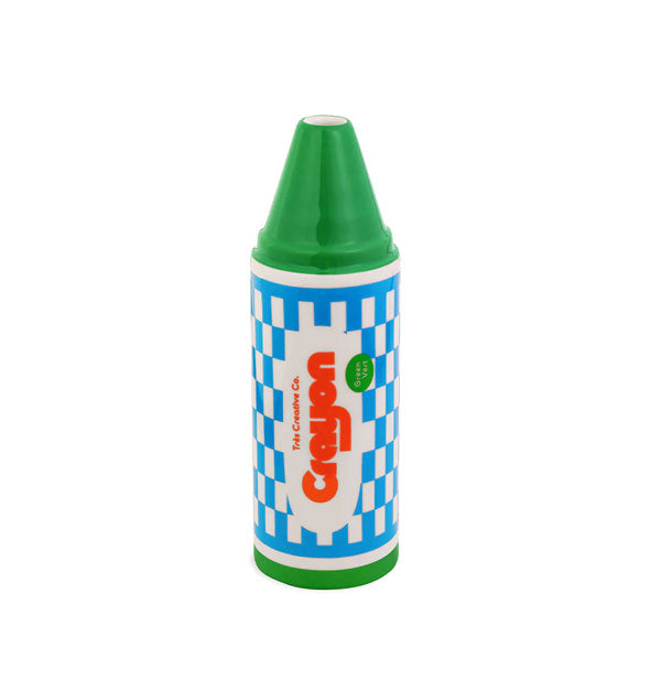 Flower vase designed and painted to resemble a green crayon with blue and white checker print label with red lettering