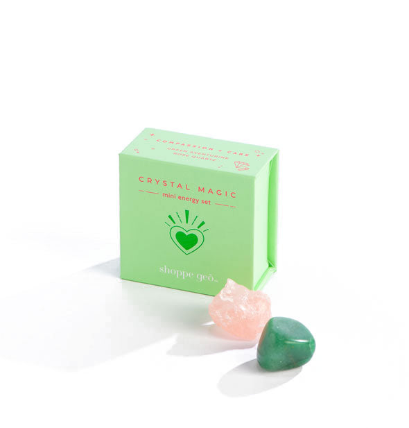 Small green square Crystal Magic Mini Energy Set box with rose quartz and green aventurine in the foreground