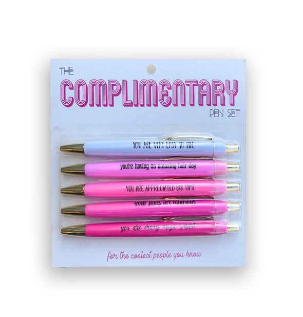 Pack of five pink and purple pens with complimentary messages printed on them