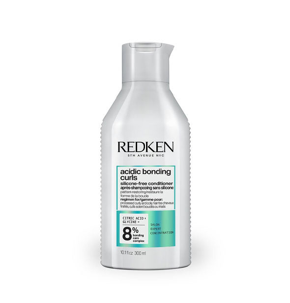 Silvery-white 10.1 ounce bottle of Redken Acidic Bonding Curls Silicone-Free Conditioner with metallic teal spot color and black letteirng