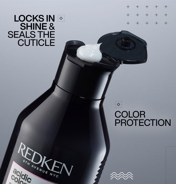 A dollop of Redken Acidic Color Gloss Conditioner dispensed from top of bottle is captioned, "Locks in shine & seals the cuticle; Color protection"