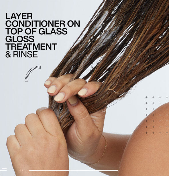 Model runs fingers through wet, conditioned hair beside the caption, "Layer conditioner on top of Glass Glos Treatment & rinse"