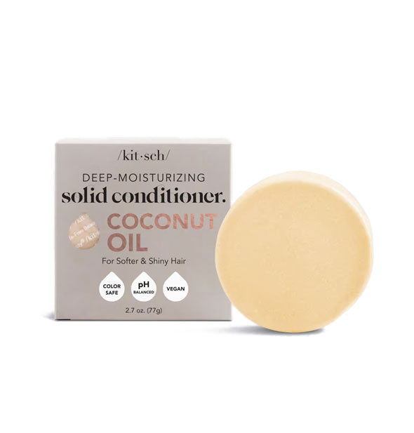 Round bar of Deep-Moisturizing Coconut Oil Solid Conditioner for Softer & Shiny Hair by Kitsch with packaging