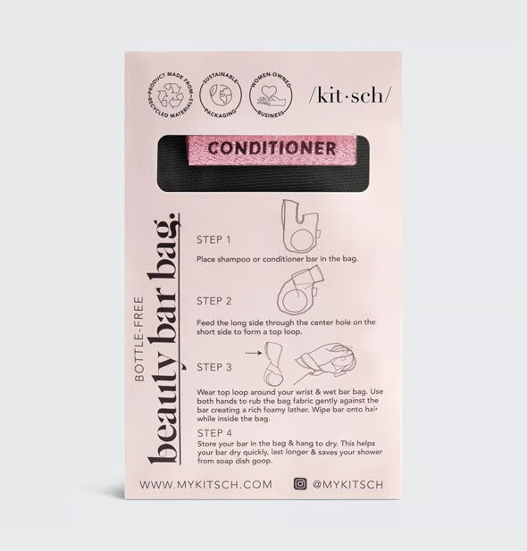 Back of Kitsch Beauty Bar Bag packaging features diagrammed three-step instructions for use