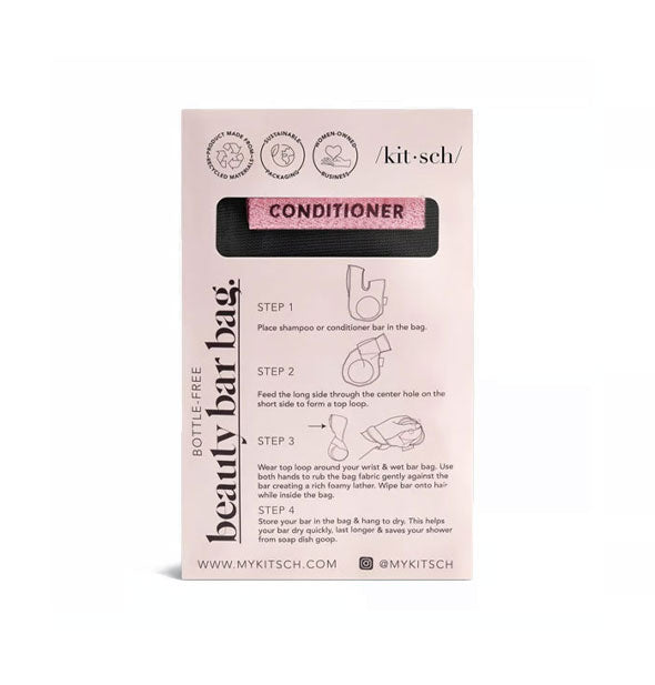 Back of Kitsch Beauty Bar Bag packaging features diagrammed three-step instructions for use