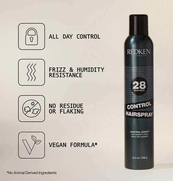 Can of Redken Control Hairspray is labeled with its benefits represented by infographics: All day control; Frizz & humidity resistance; No residue or flaking; Vegan formula