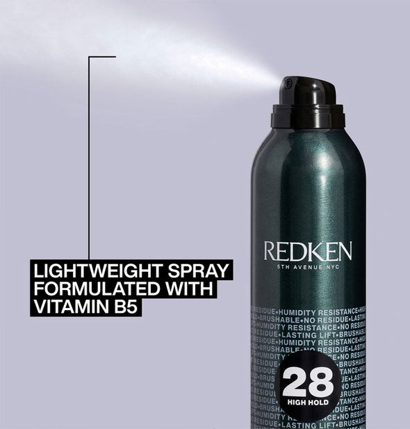 A fine mist is dispensed from a can of Redken hairspray and is labeled, "Lightweight spray formulated with vitamin b5"