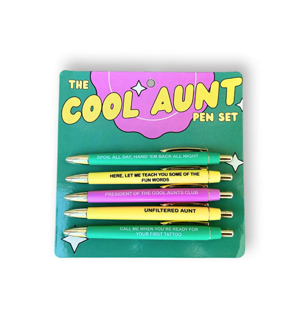 Pack of five Cool Aunt pens with printed phrases
