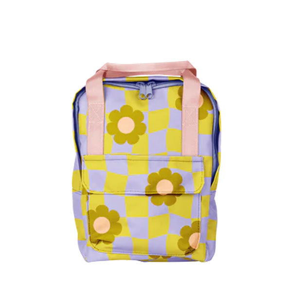 Small backpack with wavy lime green and periwinkle checker print accented by olive green and blush daisies features a double zipper closure and pink top handles