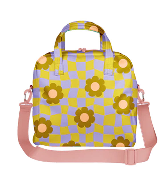Skate bag with wavy lime green and periwinkle checker print accented with olive green and light blush daisies and a detachable pink nylon webbing strap
