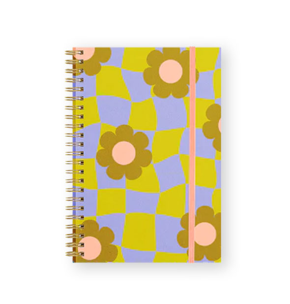 Spiral-bound notebook features an olive green and periwinkle blue wavy checker print accented with gold and pink daisies and held closed with a pink elastic band
