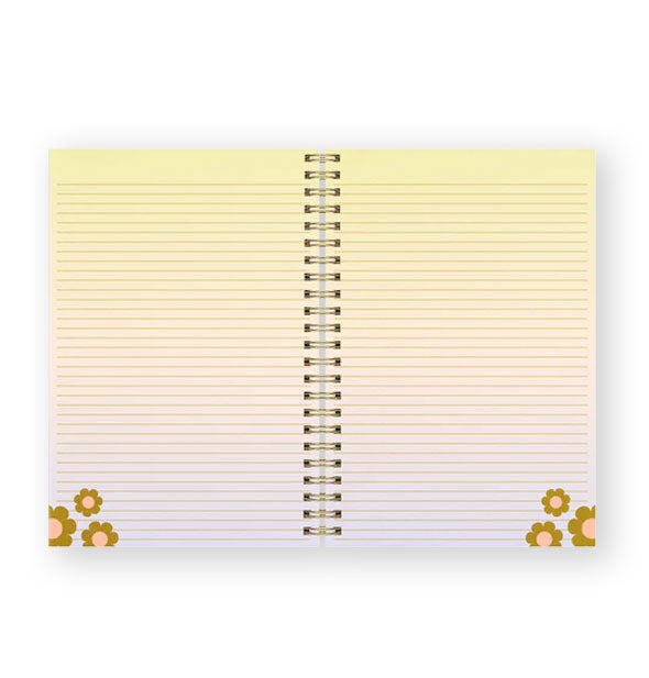 Spiral-bound notebook interior features lined pastel ombre pages with gold and pink daisy accents in bottom corners