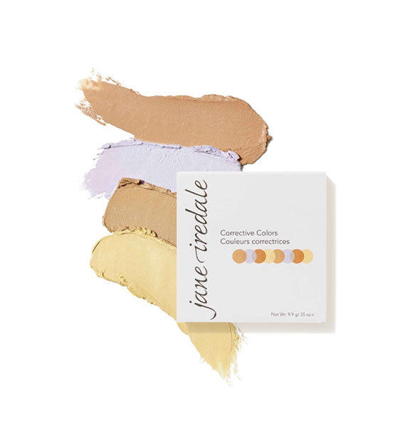 Square white Jane Iredale Corrective Colors compact with thick sample application smears of each shade underneath