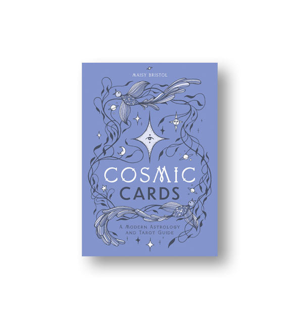 Periwinkle cover of Cosmic Cards: A Modern Astrology and Tarot Guide with intricate gray and white floral designs