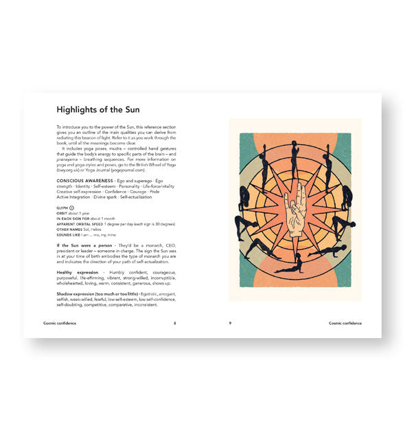 Page spread from Cosmic Power features a section titled, "Highlights of the Sun" alongside radial yogic positions artwork