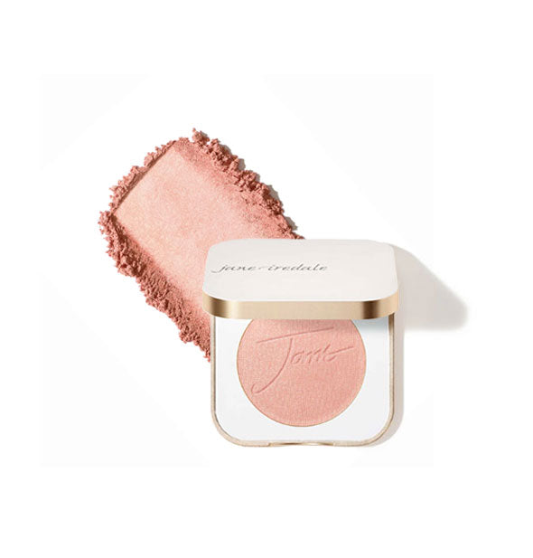 Opened square white and gold Jane Iredale compact reveals blush shade Cotton Candy inside