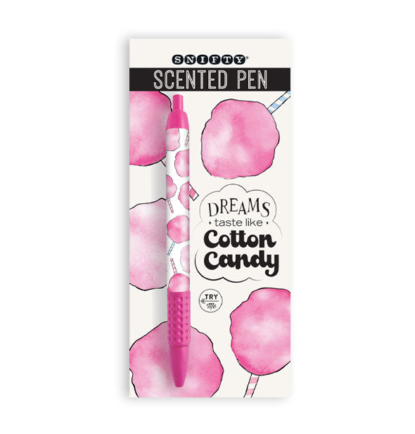 Cotton candy patterned scented pen by Snifty on matching product card that says, "Dreams taste like Cotton Candy"