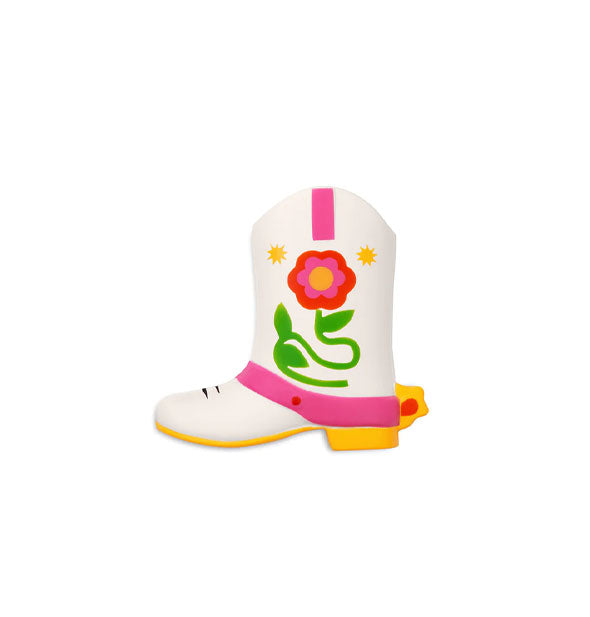 White and yellow foam cowboy boot with pink, red, and green floral design