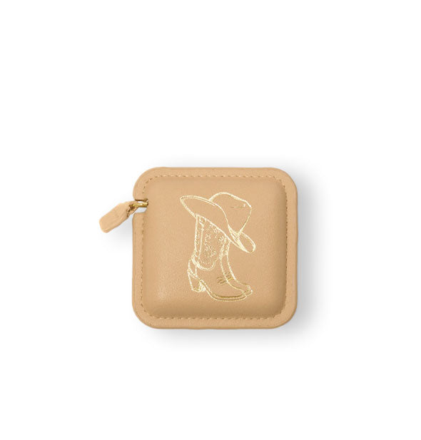 Square stitched tan vegan leather measuring tape holster with pull tab features metallic gold foil cowboy boot and hat artwork