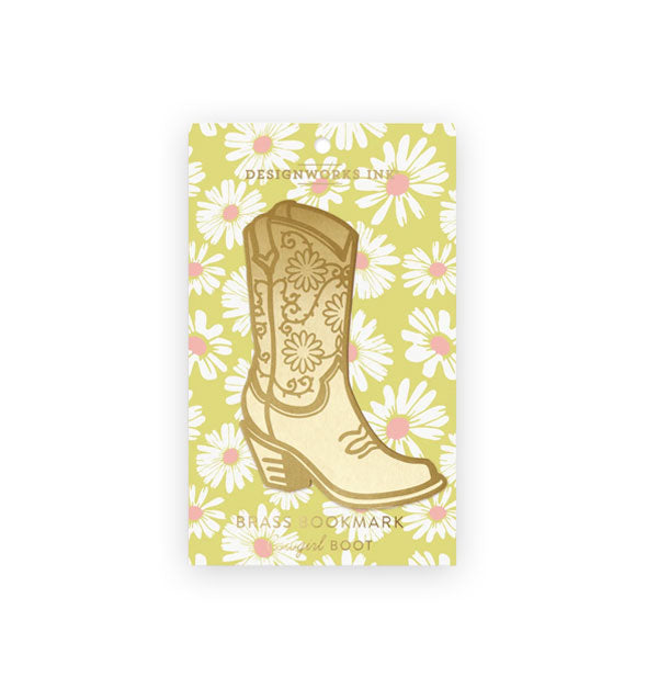 Metallic gold brass cowgirl boot bookmark on green Designworks Ink product card with white and pink daisies pattern