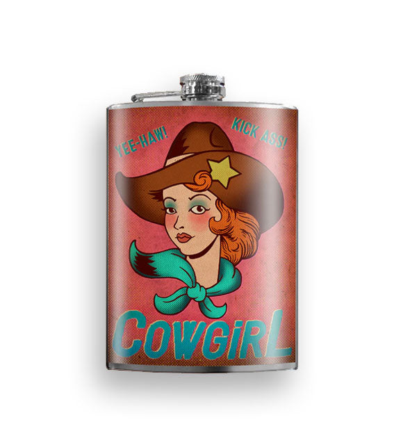 Flask featuring red-haired cowgirl portrait illustration says, "Yee-haw!" and "Kick ass!" at the top in small teal lettering, and "Cowgirl" in large teal lettering at the bottom