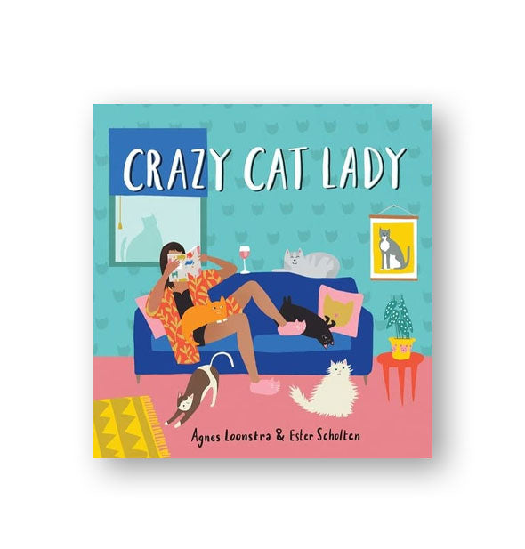Cover of Crazy Cat Lady features a colorful illustration of a woman reclining on a blue sofa surrounded by cats