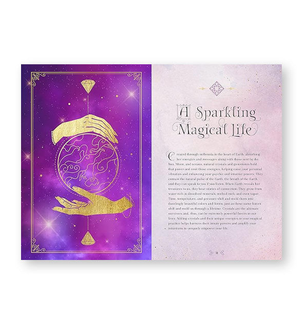 Page spread from Crystal Magic features a chapter titled, "A Sparkling Magical Life" alongside gold illustration of two hands cradling an orb against a cosmic purple background