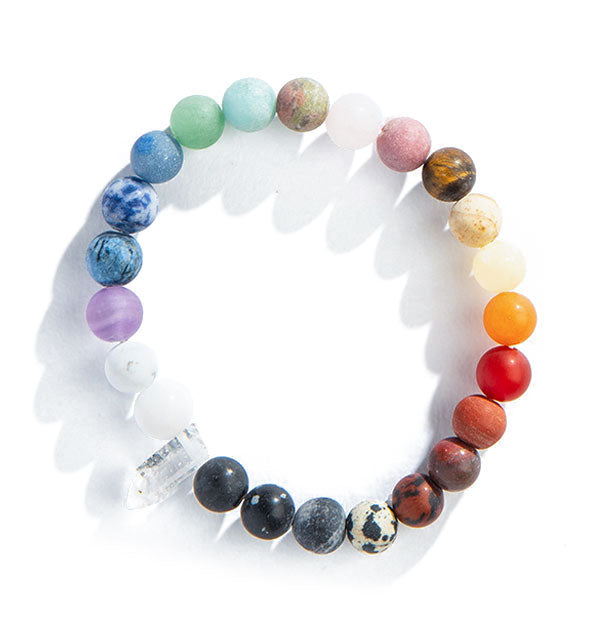 Colorful chakra stone bead bracelet with central clear crystal point