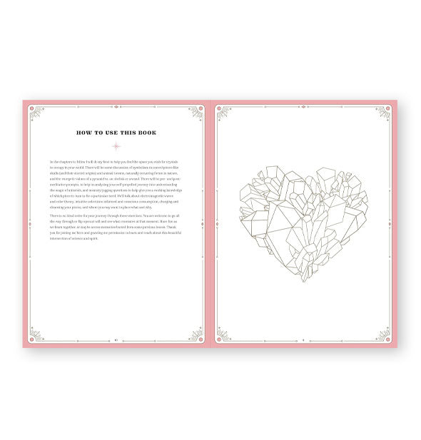Page spread from the Crystals workbook features a section titled, "How to Use This Book" alongside a geometric heart illustration