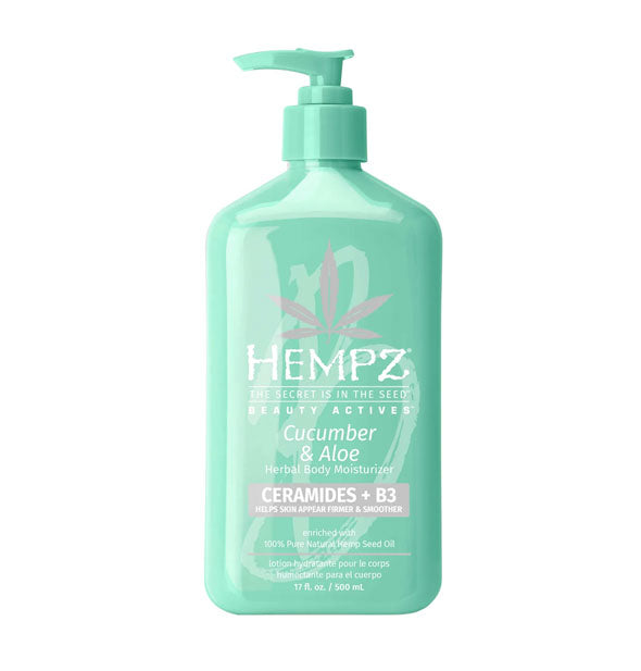 Green 17 ounce bottle of Hempz Beauty Actives Cucumber & Aloe Herbal Body Moisturizer with Ceramides and B3