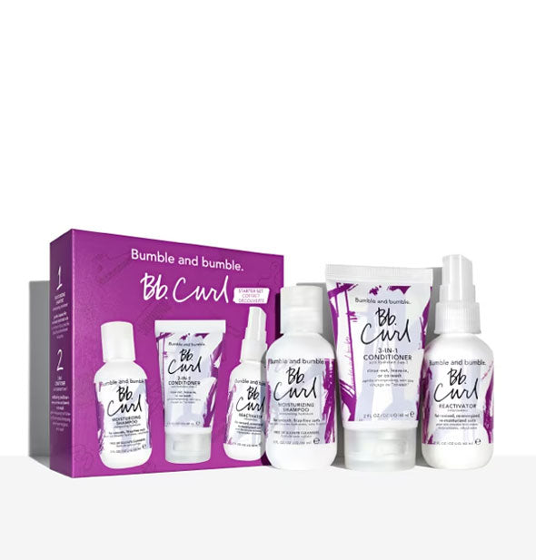 Bumble and bumble Curl Starter Set box with contents: Shampoo, Conditioner, and Reactivator spray travel sizes