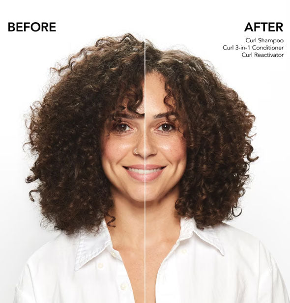 Side-by-side comparison of model's hair before and after using Bumble and bumble Curl Shampoo, 3-In-1 Conditioner, and Curl Reactivator